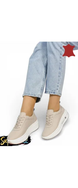 Pantofi casual damă din piele naturală cu talpă groasă și șireturi