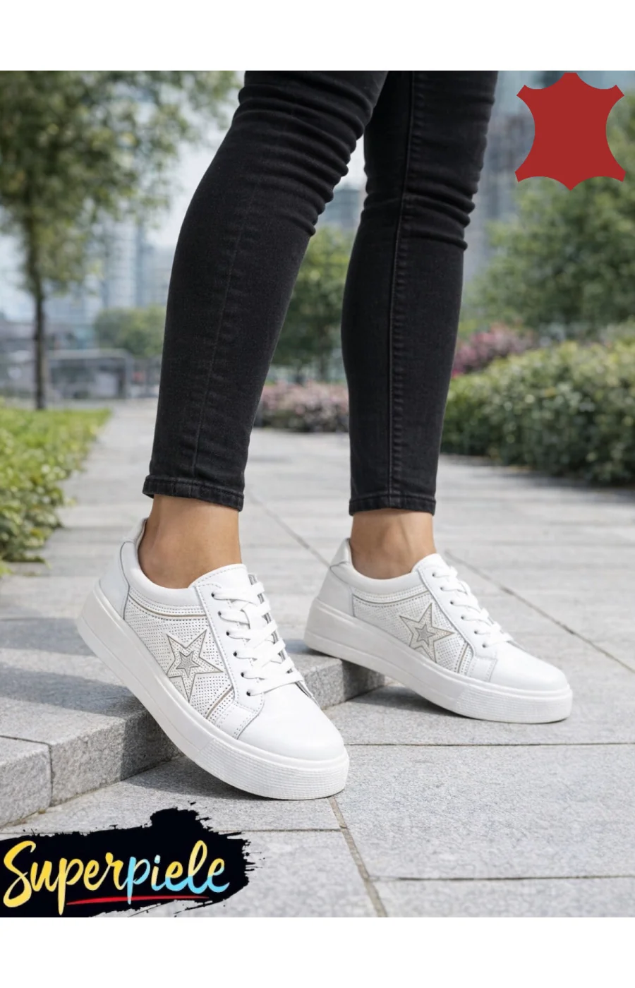 Pantofi sport albi din piele naturală, talpă groasă – Star Edition