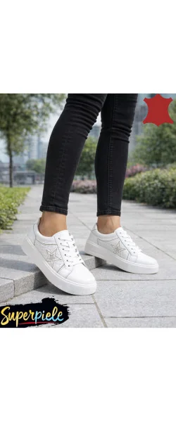 Pantofi sport albi din piele naturală, talpă groasă – Star Edition