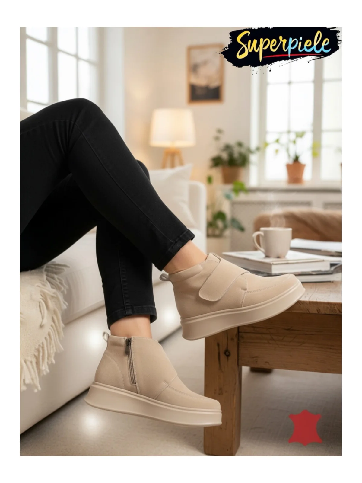 Ghete beige Leather pentru femei din piele întoarsă cu detalii rafinate | MORADY