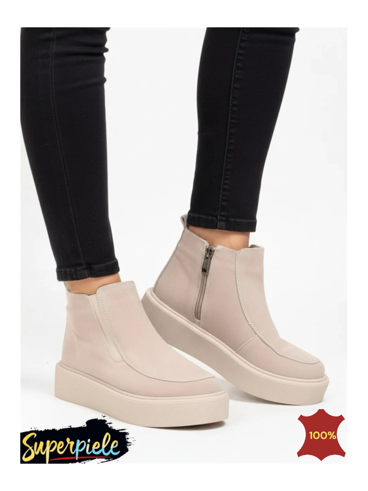 Ghete scurte de damă din piele întoarsă beige Leather cu inserție elastică și fermoar