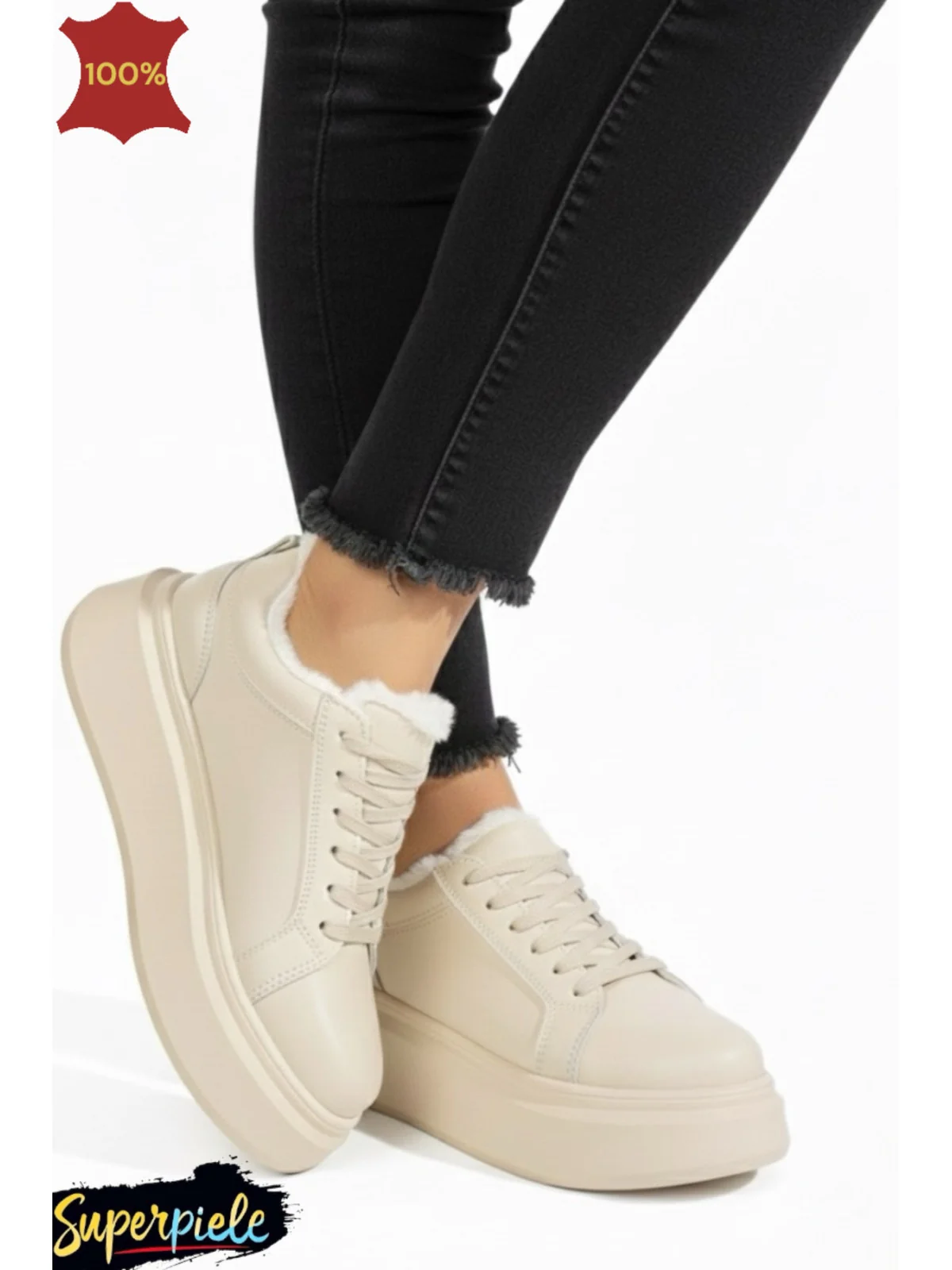 Pantofi casual beige Leather, din piele, cu talpă înaltă și căptușeală din blană, pentru iarnă