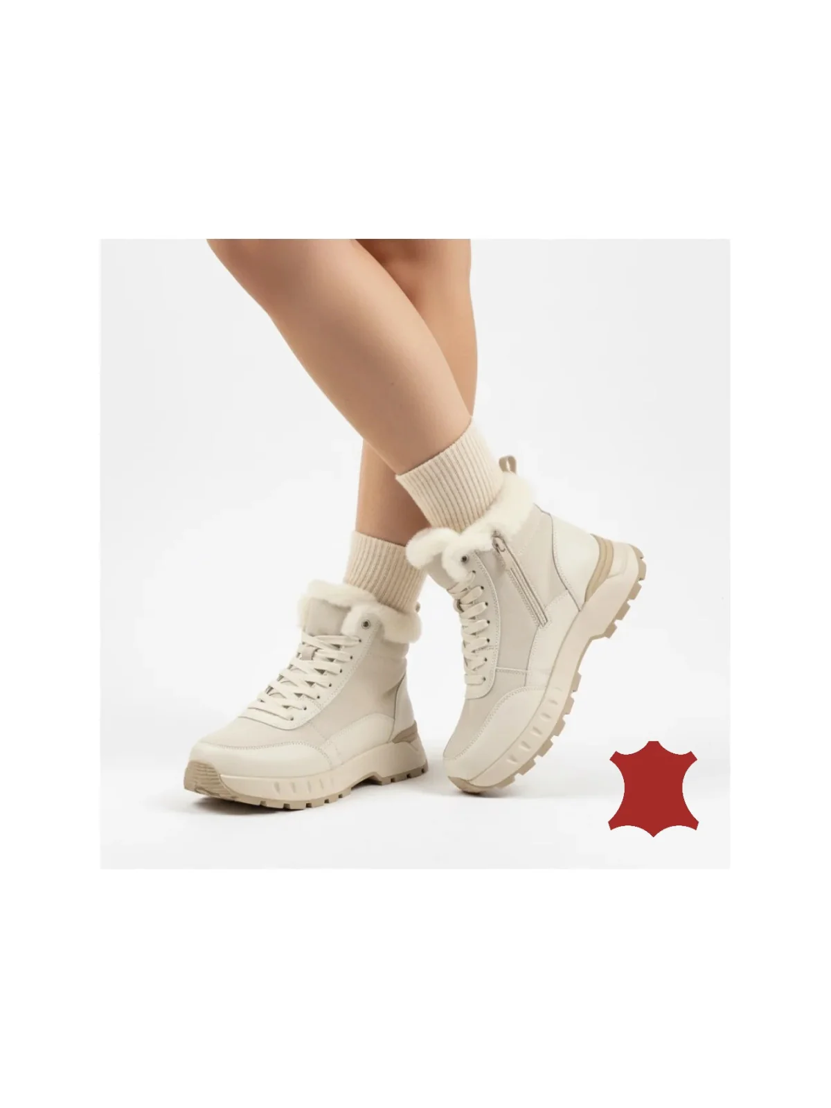 Ghete casual beige Leather pentru femei, cu căptușeală din blană, din piele și talpă groasă