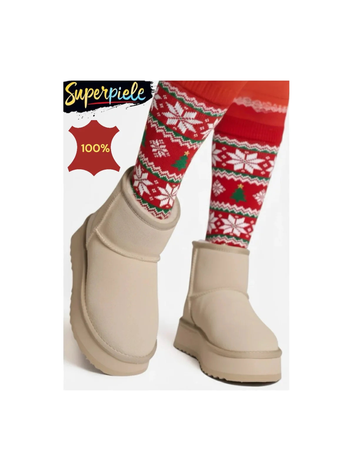 Ghete de damă beige Leather din piele întoarsă naturală, căptușite cu shearling (model UG)