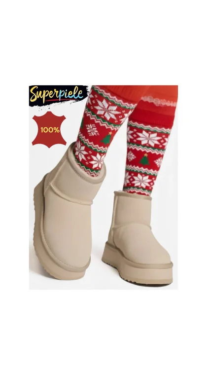 Ghete de damă beige Leather din piele întoarsă naturală, căptușite cu shearling (model UG)