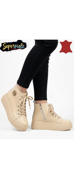 Ghete dama piele naturala beige Leather imblanite cu accesoriu metalic