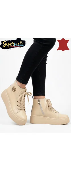 Ghete dama piele naturala beige Leather imblanite cu accesoriu metalic
