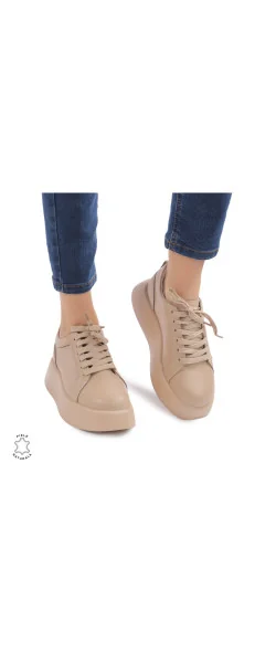 Pantofi casual piele naturala cu talpa inalta CRL881 Beige Leather