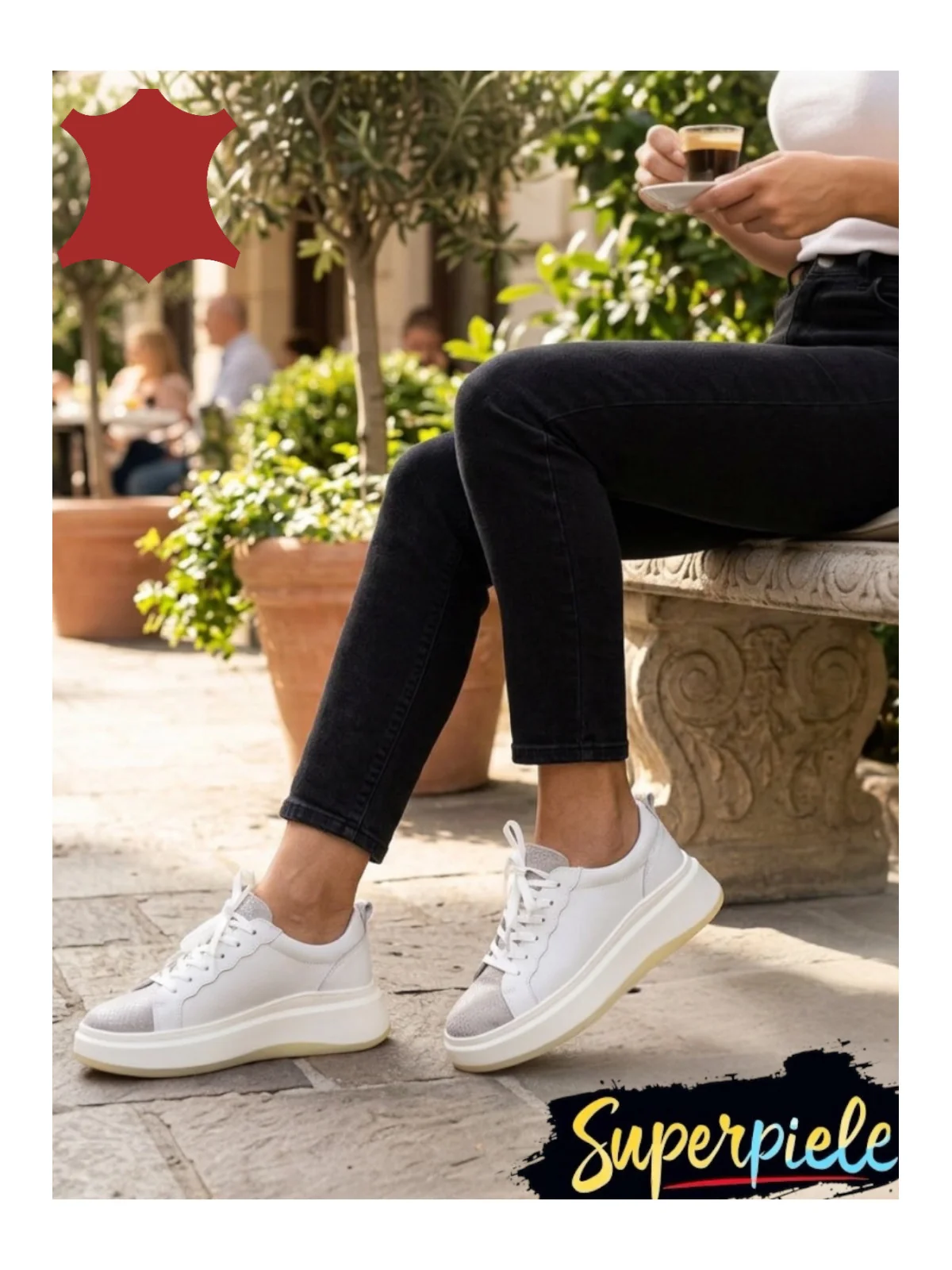 Pantofi sport albi cu silver Leather din piele cu talpă înaltă MOVENII
