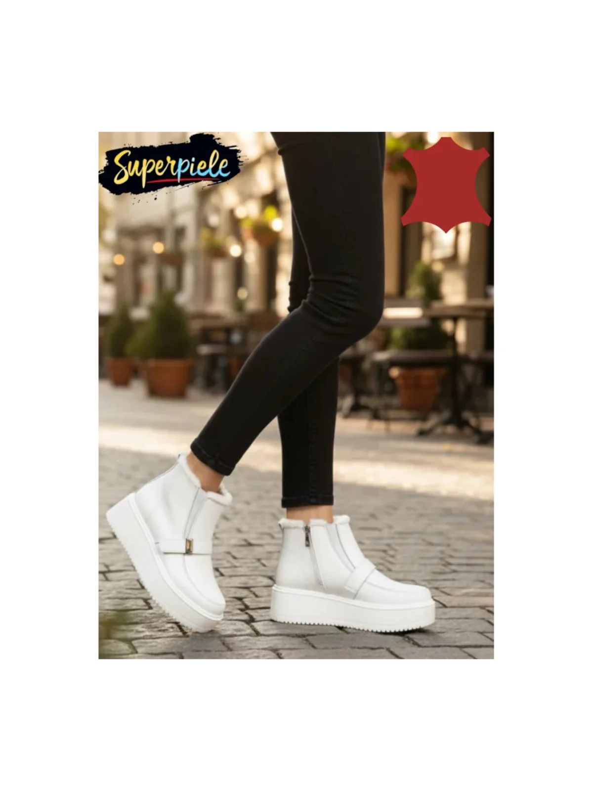 Ghete de damă din piele albă, căptușite cu blană, fermoar, cataramă decorativă