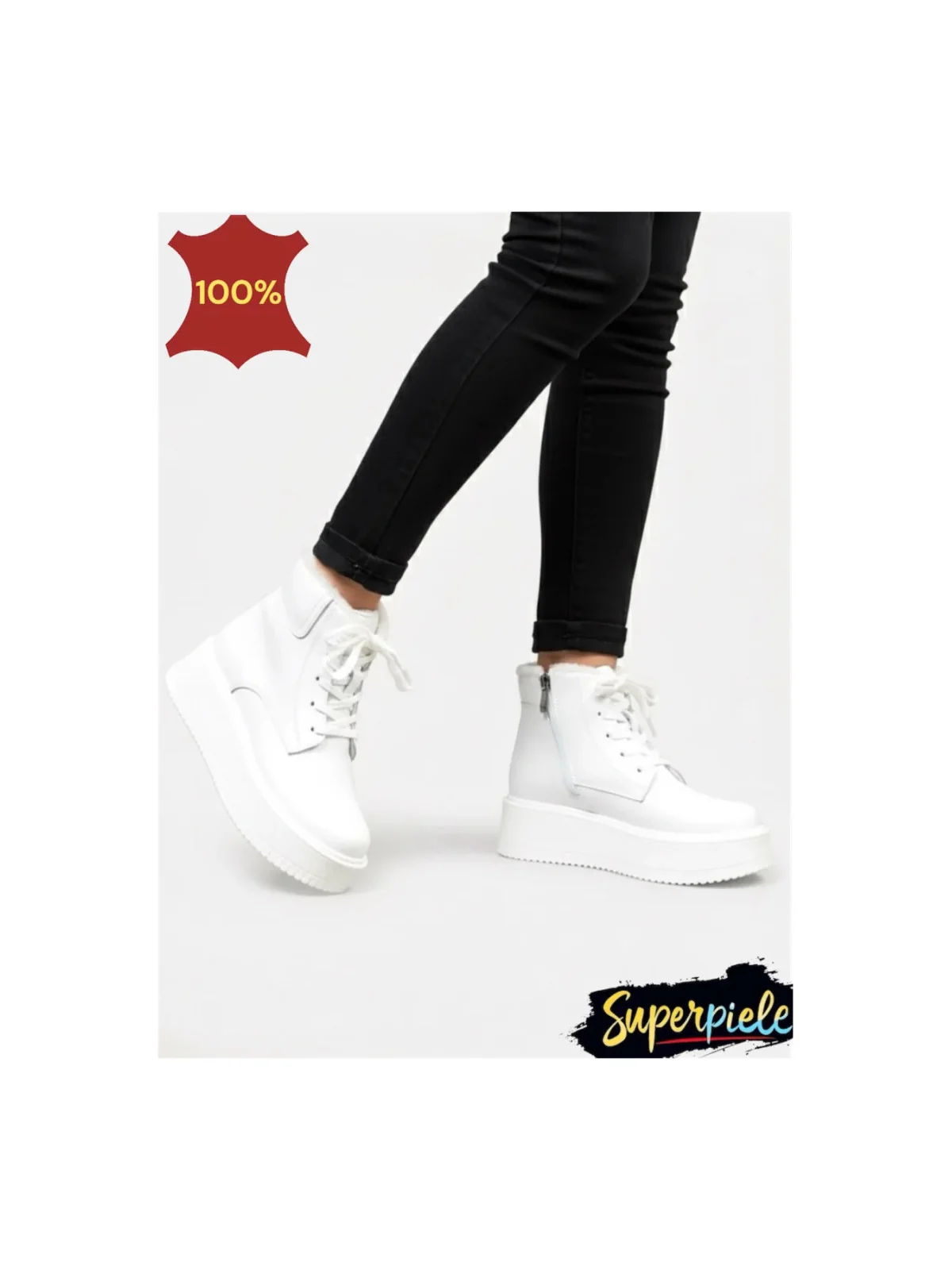 Ghete casual din piele pentru femei, albe, cu căptușeală din blană și talpă groasă