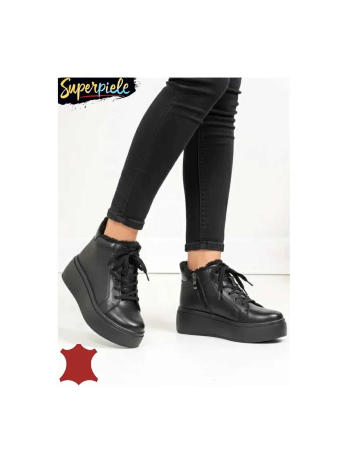 Ghete casual din piele naturală neagră, căptușite cu blană, cu talpă groasă T7020