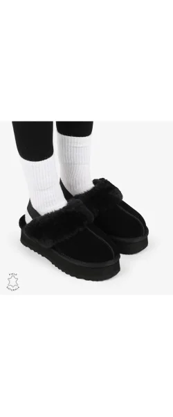 Papuci de iarnă pentru femei din piele naturală cu elastic în spate CRL12691 Culoare Black Leather