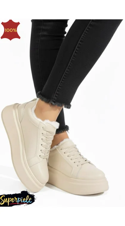 Pantofi casual beige Leather, din piele, cu talpă înaltă și căptușeală din blană, pentru iarnă