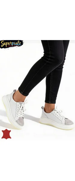 Pantofi sport albi cu silver Leather din piele cu talpă înaltă MOVENII