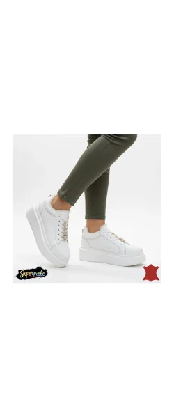Pantofi casual beige Leather pentru femei din piele, cu talpă înaltă și dantelă decorativă, căptușiți cu blană, T-7011