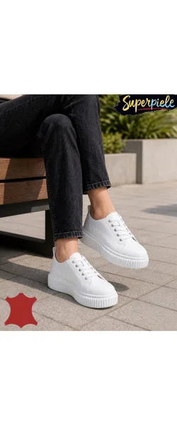Pantofi casual dama piele naturala albi cu inchidere siret