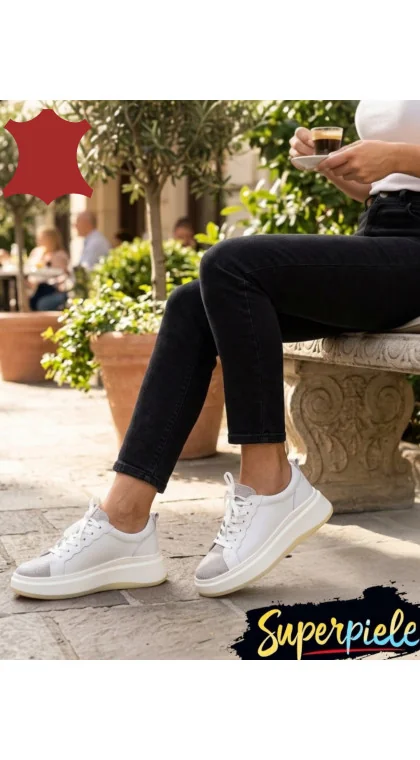 Pantofi sport albi cu silver Leather din piele cu talpă înaltă MOVENII