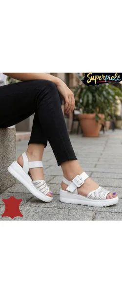 Sandale dama piele naturala white Leather cu inchidere catarama