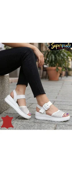 Sandale dama piele naturala white Leather cu inchidere catarama