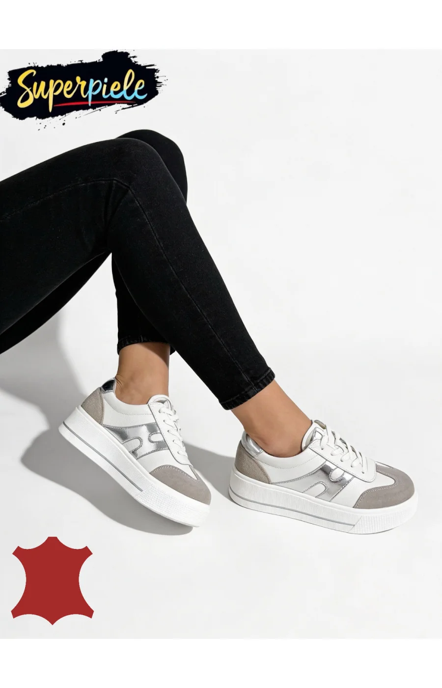 sneakers dama din piele naturala ,cu talpa groasa si sireturi