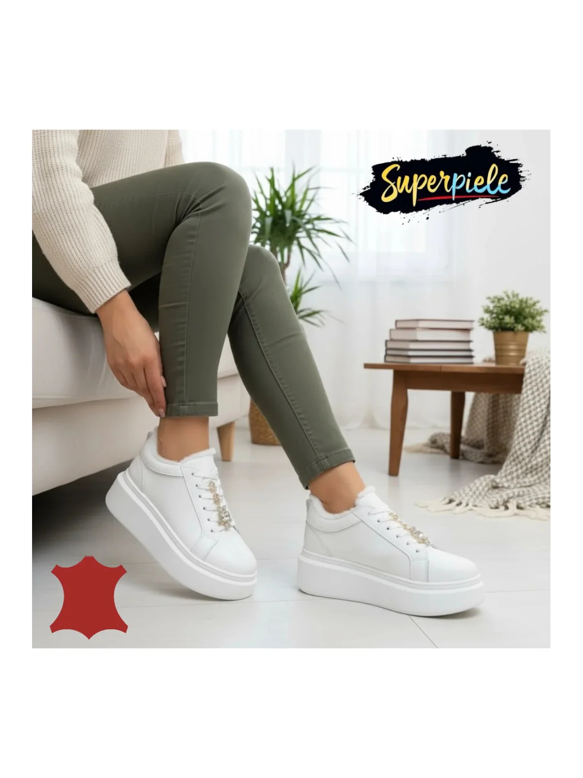 Pantofi casual beige Leather pentru femei din piele, cu talpă înaltă și dantelă decorativă, căptușiți cu blană, T-7011
