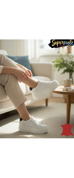 Pantofi casual damă albi cu Black Leather din piele naturală cu talpă înaltă