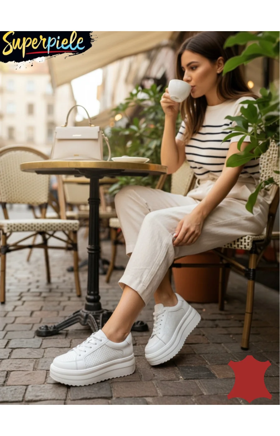 Teniși damă albi din piele naturală cu talpă înaltă