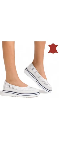 Pantofi casual roșie dama piele naturala albi perforati cu inchidere slip-on