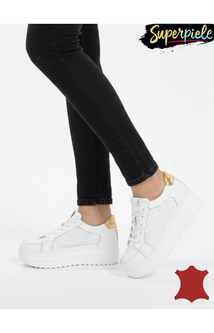 Pantofi sport damă albi cu gold Leather din piele naturală cu talpă înaltă