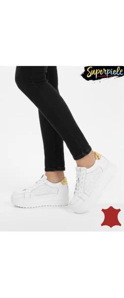 Pantofi sport damă albi cu gold Leather din piele naturală cu talpă înaltă