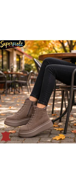 Ghete casual dama piele naturala intoarsa cu talpa groasa de 5 cm