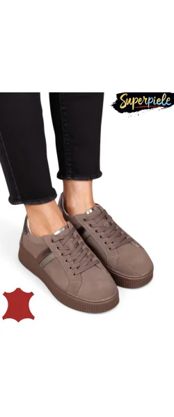 Sneakers din piele naturală – talpă 4 cm, închidere cu șiret