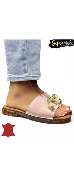 Papuci dama casual din piele naturală cu accesorii decorative