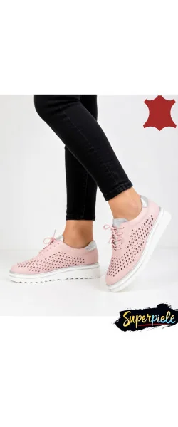 Pantofi Casual Dama perforate din Piele Naturala cu Sclipici Gold Leather |MARKO|