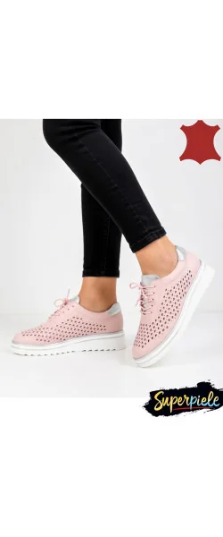 Pantofi Casual Dama perforate din Piele Naturala cu Sclipici Gold Leather |MARKO|