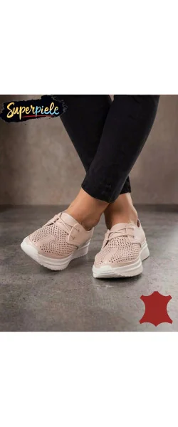 Pantofi casual dama piele naturala pink Leather perforati