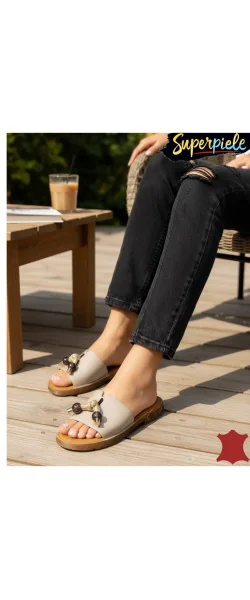 Papuci dama casual din piele naturală cu accesorii decorative