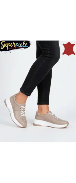 Pantofi casual damă piele naturală cu inserție de piele întoarsă,talpă groasă, închidere cu șireturi