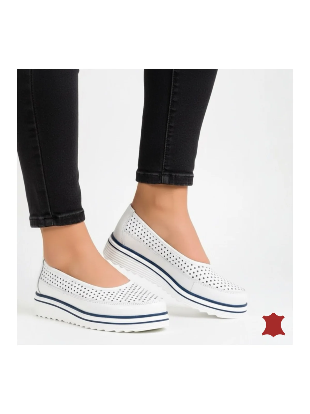 Pantofi casual roșie dama piele naturala albi perforati cu inchidere slip-on