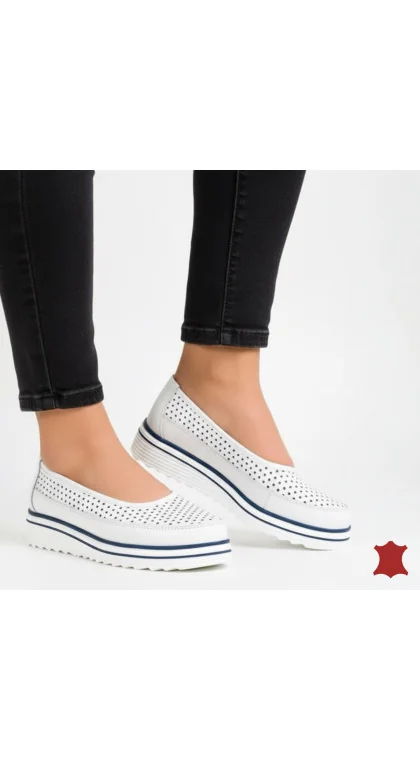 Pantofi casual roșie dama piele naturala albi perforati cu inchidere slip-on