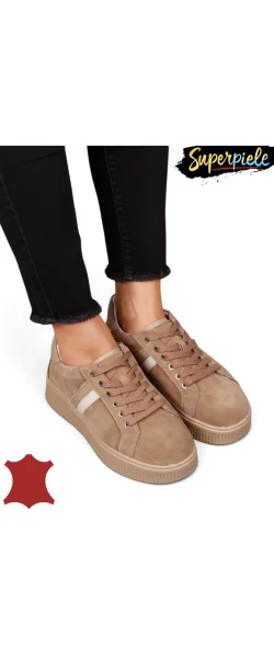 Sneakers din piele naturală – talpă 4 cm, închidere cu șiret