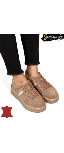 Sneakers din piele naturală – talpă 4 cm, închidere cu șiret