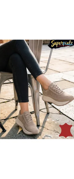 Sneakers din piele naturală & piele întoarsă – talpă groasă 5 cm