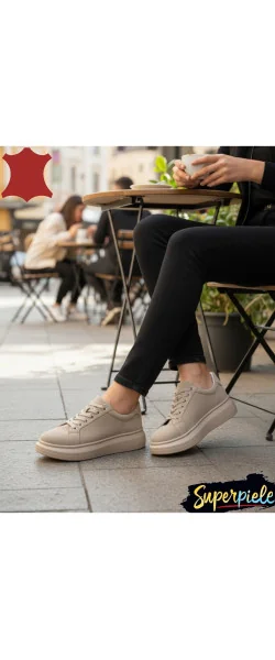 Pantofi casual dama beige Leather din piele naturala intoarsa cu talpa groasa de 5 cm