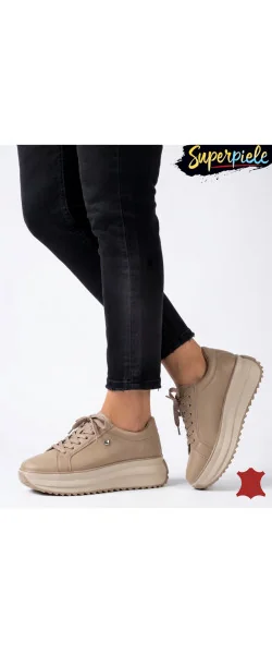 Sneakers dama piele naturala Khaki cu inimioara metalica