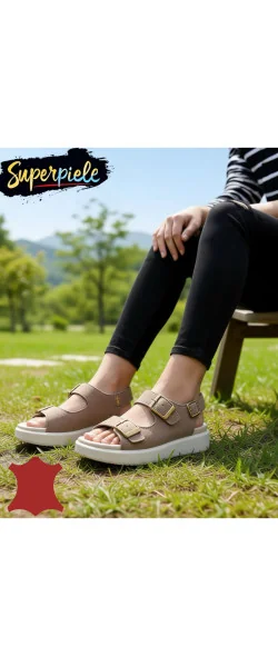 Sandale damă piele naturală întoarsă cu catarame reglabile