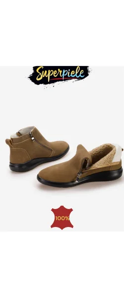 Ghete scurte de damă cu blană, căprui, din piele întoarsă, camel
