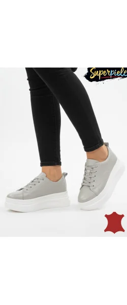 Pantofi casual din piele pentru femei, cu șireturi și vârf rotund