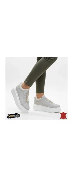 Pantofi casual beige Leather pentru femei din piele, cu talpă înaltă și dantelă decorativă, căptușiți cu blană, T-7011